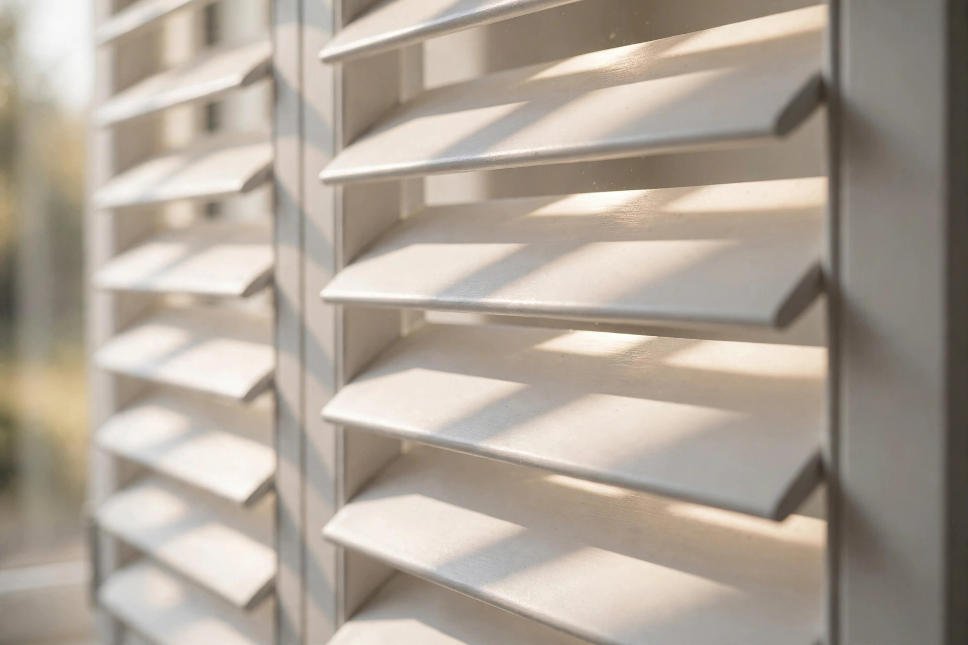 Close-up of white shutter louvers in a REDI plantation shutter