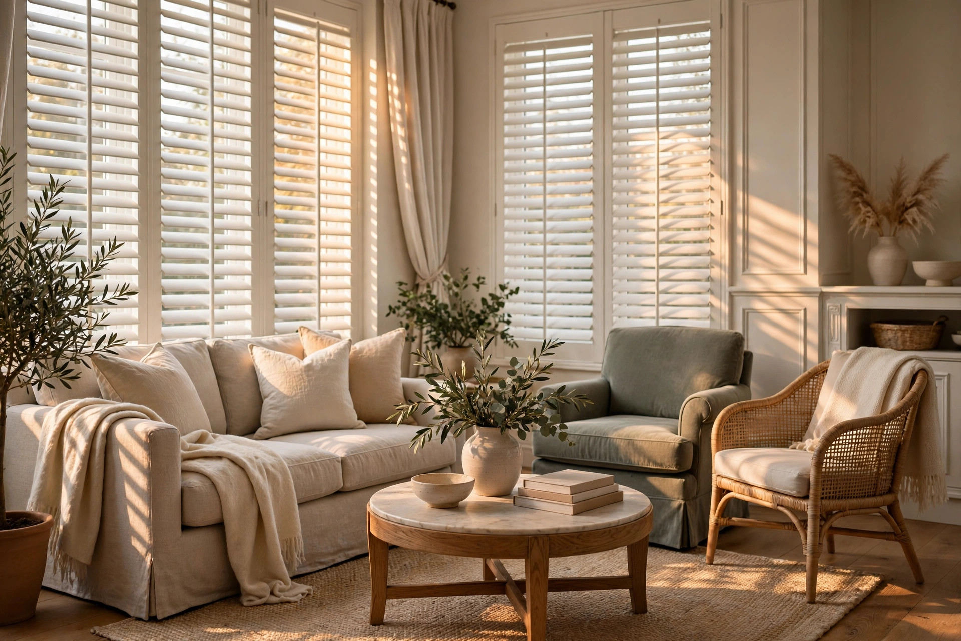 Sitting room with white plantation shutters on the windows