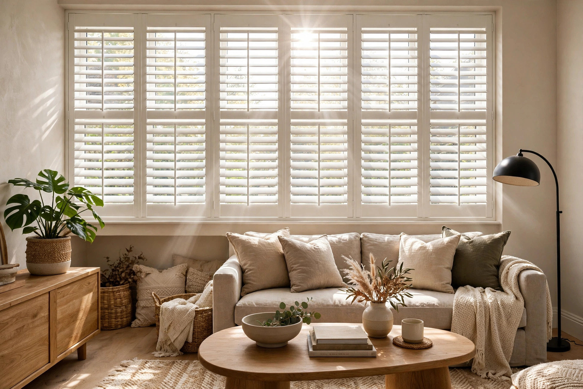 Finished wide window with DIY-installed plantation shutters