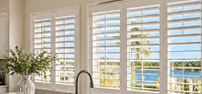 Bright kitchen with white plantation shutters