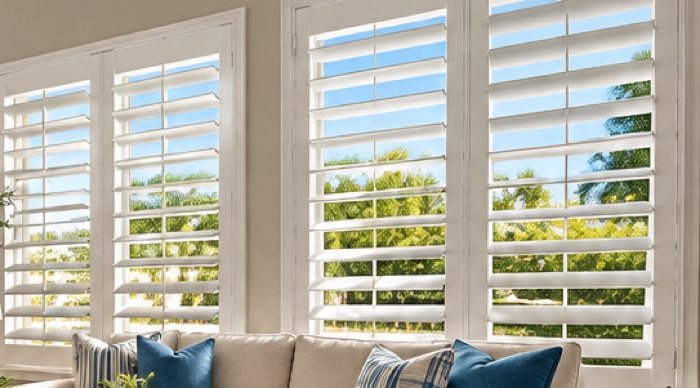 Bright living room with white plantation shutters installed on large windows