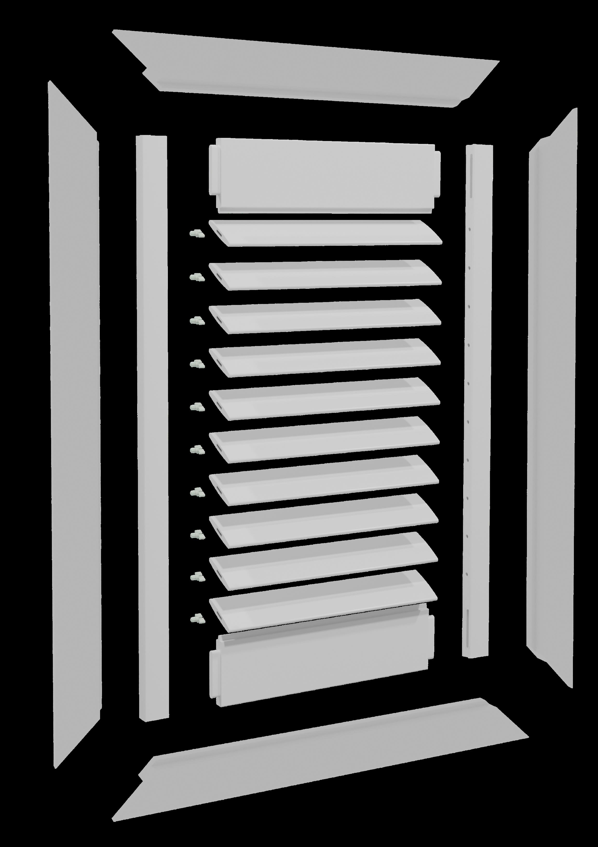 Exploded 3D view of a REDI shutter showing the louvers, rails, stiles, and frame components